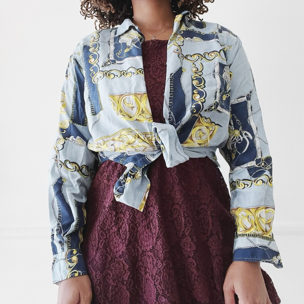 vintage silk medieval renaissance print button up shirt